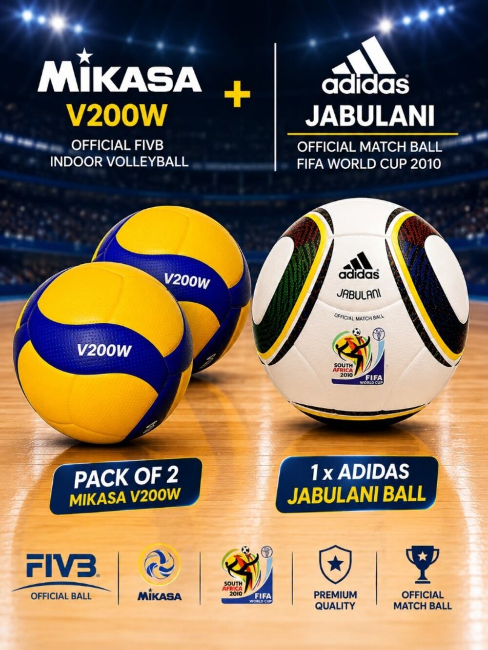 Mikasa V200W + adidas Jabulani FIFA World Cup 2010 – Pack of 3